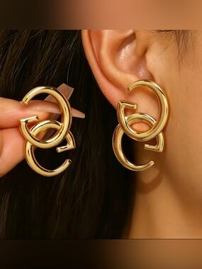 Gold G Letter Double-Link Hoop Earrings - Fashion Jewelry Gold Tone